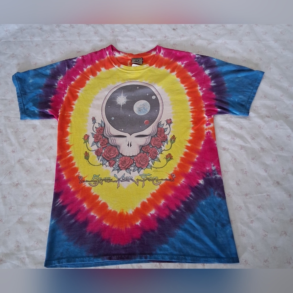 Liquid Blue Tie-Dye Tee with Skull & Roses Motif - Yellow, Pink, Orange, Blue